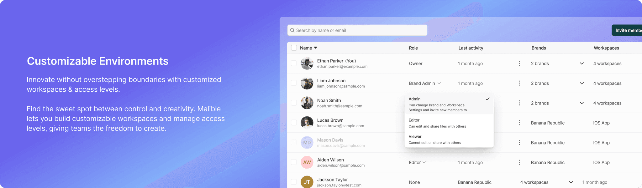 Malible CMS customizable environments and workspace settings
